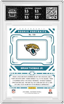 Brian Thomas Jr. from the 2024 Panini Photogenic set featuring a Orange parallel and given an overall grade of 9.5.