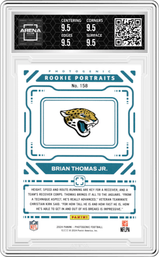 Brian Thomas Jr. from the 2024 Panini Photogenic set featuring a Orange parallel graded by Arena Club and given an overall grade of 9.5.