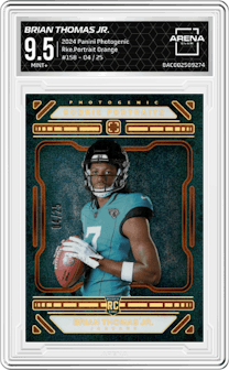 Brian Thomas Jr. from the 2024 Panini Photogenic set featuring a Orange parallel and given an overall grade of 9.5.