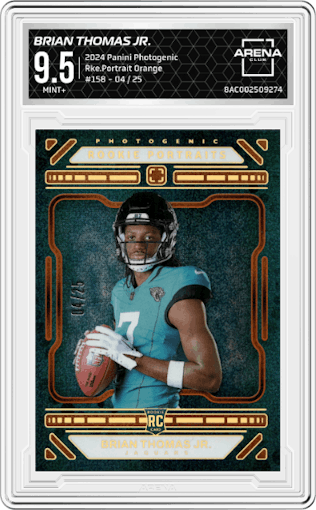 Brian Thomas Jr. from the 2024 Panini Photogenic set featuring a Orange parallel graded by Arena Club and given an overall grade of 9.5.
