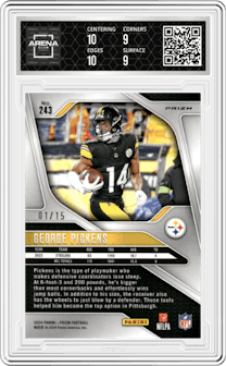 George Pickens from the 2024 Panini Prizm set featuring a Forest Camo parallel graded by Arena Club and given an overall grade of 9.5.