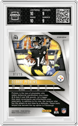 George Pickens from the 2024 Panini Prizm set featuring a Forest Camo parallel graded by Arena Club and given an overall grade of 9.5.