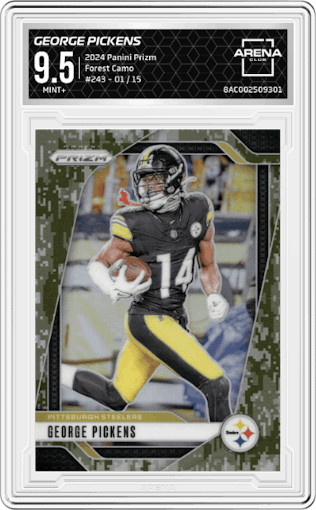George Pickens from the 2024 Panini Prizm set featuring a Forest Camo parallel graded by Arena Club and given an overall grade of 9.5.