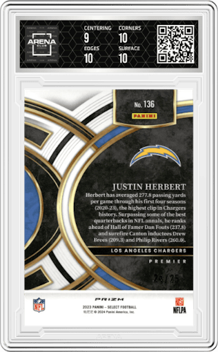 Justin Herbert from the 2023 Panini Select set featuring a Blue Disco parallel graded by Arena Club and given an overall grade of 9.5.