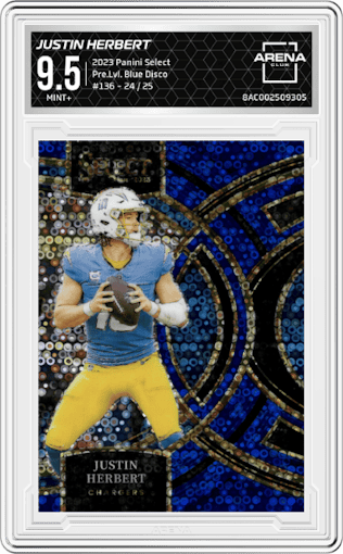 Justin Herbert from the 2023 Panini Select set featuring a Blue Disco parallel graded by Arena Club and given an overall grade of 9.5.