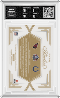 Edgerrin James from the 2023 Panini Flawless set featuring a Ruby parallel graded by Arena Club and given an overall grade of 9.5.