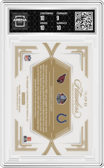 Edgerrin James from the 2023 Panini Flawless set featuring a Ruby parallel and given an overall grade of 9.5.