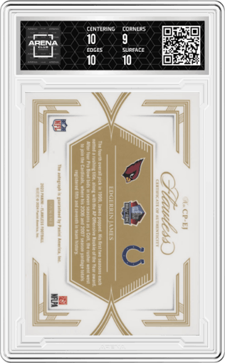 Edgerrin James from the 2023 Panini Flawless set featuring a Ruby parallel graded by Arena Club and given an overall grade of 9.5.