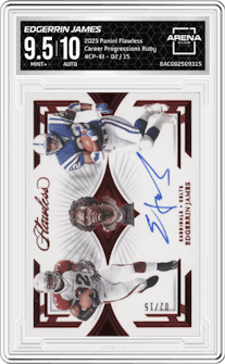 Edgerrin James from the 2023 Panini Flawless set featuring a Ruby parallel graded by Arena Club and given an overall grade of 9.5.