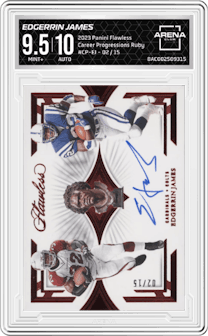 Edgerrin James from the 2023 Panini Flawless set featuring a Ruby parallel and given an overall grade of 9.5.