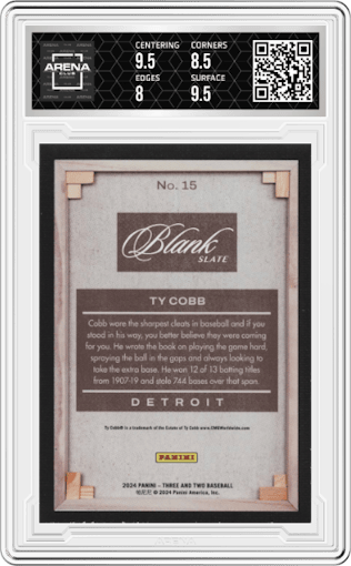 Ty Cobb from the 2024 Panini Three and Two set graded by Arena Club and given an overall grade of 8.5.