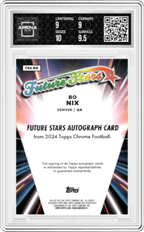 Bo Nix from the 2024 Topps Chrome set featuring a Aqua Refractor parallel graded by Arena Club and given an overall grade of 9.5.