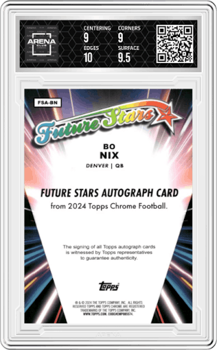 Bo Nix from the 2024 Topps Chrome set featuring a Aqua Refractor parallel graded by Arena Club and given an overall grade of 9.5.
