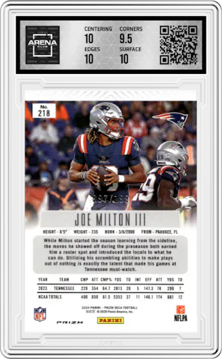Joe Milton III from the 2024 Panini Prizm Deca set featuring a Red Prizm parallel graded by Arena Club and given an overall grade of 10.