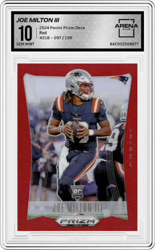 Joe Milton III from the 2024 Panini Prizm Deca set featuring a Red Prizm parallel graded by Arena Club and given an overall grade of 10.