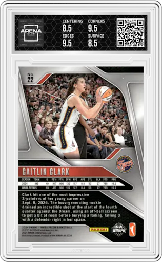 Caitlin Clark from the 2024 Panini Prizm WNBA set graded by Arena Club and given an overall grade of 9.