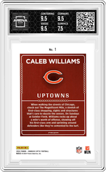 Caleb Williams from the 2024 Donruss Optic set graded by Arena Club and given an overall grade of 8.