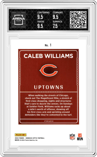 Caleb Williams from the 2024 Donruss Optic set graded by Arena Club and given an overall grade of 8.