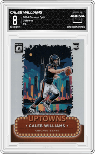 Caleb Williams from the 2024 Donruss Optic set graded by Arena Club and given an overall grade of 8.