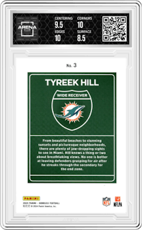 Tyreek Hill from the 2024 Donruss set graded by Arena Club and given an overall grade of 9.