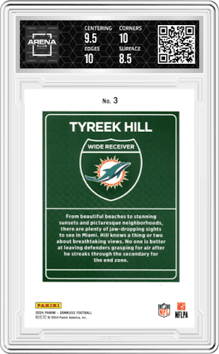 Tyreek Hill from the 2024 Donruss set graded by Arena Club and given an overall grade of 9.