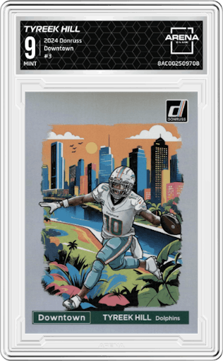Tyreek Hill from the 2024 Donruss set graded by Arena Club and given an overall grade of 9.