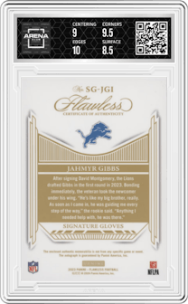 Jahmyr Gibbs from the 2023 Panini Flawless set featuring a Silver parallel graded by Arena Club and given an overall grade of 9.