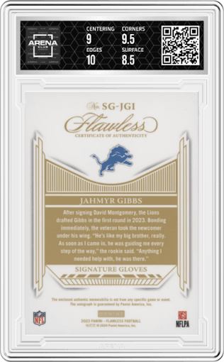 Jahmyr Gibbs from the 2023 Panini Flawless set featuring a Silver parallel graded by Arena Club and given an overall grade of 9.