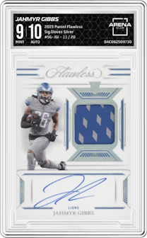 Jahmyr Gibbs from the 2023 Panini Flawless set featuring a Silver parallel graded by Arena Club and given an overall grade of 9.