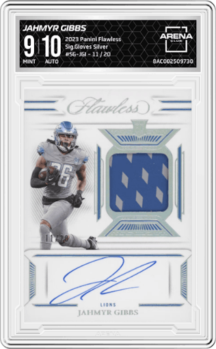 Jahmyr Gibbs from the 2023 Panini Flawless set featuring a Silver parallel graded by Arena Club and given an overall grade of 9.