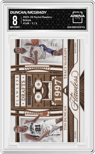 Tim Duncan/Tracy McGrady from the 2023-24 Panini Flawless set featuring a Bronze parallel graded by Arena Club and given an overall grade of 8.