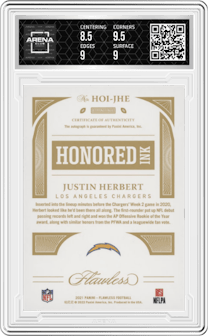 Justin Herbert from the 2021 Panini Flawless set featuring a Platinum parallel graded by Arena Club and given an overall grade of 9.
