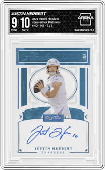 Justin Herbert from the 2021 Panini Flawless set featuring a Platinum parallel graded by Arena Club and given an overall grade of 9.