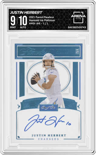 Justin Herbert from the 2021 Panini Flawless set featuring a Platinum parallel graded by Arena Club and given an overall grade of 9.
