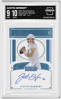 Justin Herbert from the 2021 Panini Flawless set featuring a Platinum parallel graded by Arena Club and given an overall grade of 9.