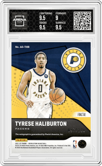 Tyrese Haliburton from the 2021-22 Panini Revolution  set featuring a Fractal parallel graded by Arena Club and given an overall grade of 9.5.