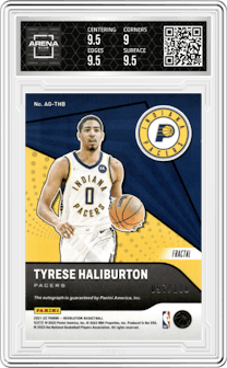 Tyrese Haliburton from the 2021-22 Panini Revolution  set featuring a Fractal parallel and given an overall grade of 9.5.