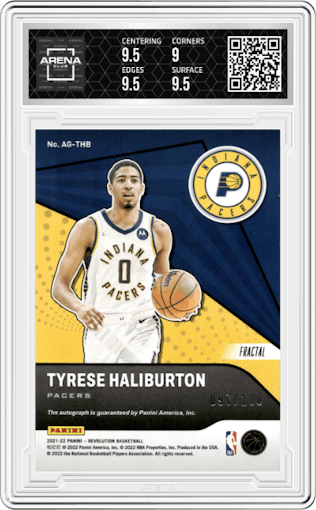 Tyrese Haliburton from the 2021-22 Panini Revolution  set featuring a Fractal parallel graded by Arena Club and given an overall grade of 9.5.