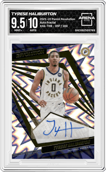 Tyrese Haliburton from the 2021-22 Panini Revolution  set featuring a Fractal parallel graded by Arena Club and given an overall grade of 9.5.