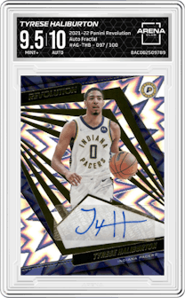 Tyrese Haliburton from the 2021-22 Panini Revolution  set featuring a Fractal parallel and given an overall grade of 9.5.