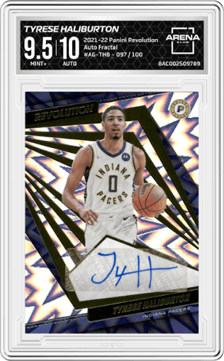 Tyrese Haliburton from the 2021-22 Panini Revolution  set featuring a Fractal parallel graded by Arena Club and given an overall grade of 9.5.
