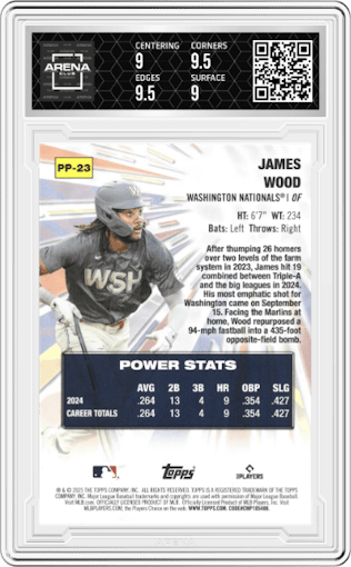 James Wood from the 2025 Topps set graded by Arena Club and given an overall grade of 9.5.