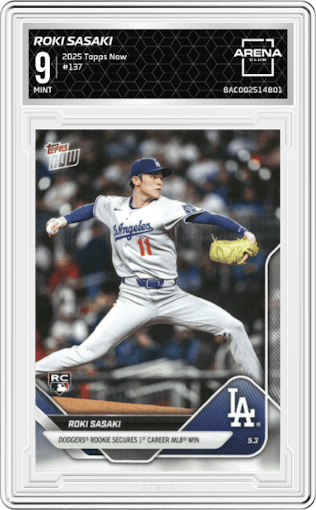 Roki Sasaki from the 2025 Topps Now set graded by Arena Club and given an overall grade of 9.