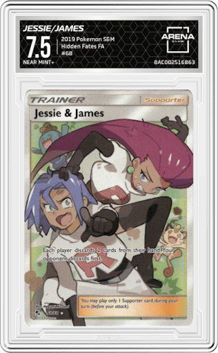 Jessie/James from the 2019 Pokemon S&M  set graded by Arena Club and given an overall grade of 7.5.