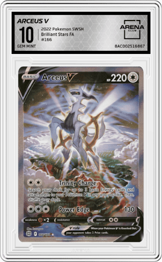 Arceus V from the 2022 Pokemon SWSH set graded by Arena Club and given an overall grade of 10.