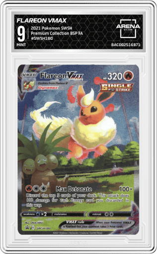 Flareon VMAX from the 2021 Pokemon SWSH set featuring a Flareon VMAX Premium Collection parallel graded by Arena Club and given an overall grade of 9.