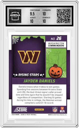 Jayden Daniels from the 2024 Score-a-Treat set featuring a Pumpkin parallel graded by Arena Club and given an overall grade of 10.