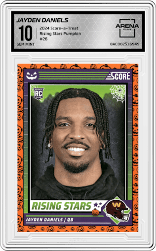 Jayden Daniels from the 2024 Score-a-Treat set featuring a Pumpkin parallel graded by Arena Club and given an overall grade of 10.