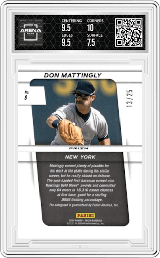 Don Mattingly from the 2024 Panini Prizm set featuring a  Mojo Prizm parallel graded by Arena Club and given an overall grade of 8.