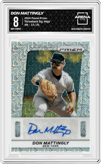 Don Mattingly from the 2024 Panini Prizm set featuring a  Mojo Prizm parallel graded by Arena Club and given an overall grade of 8.